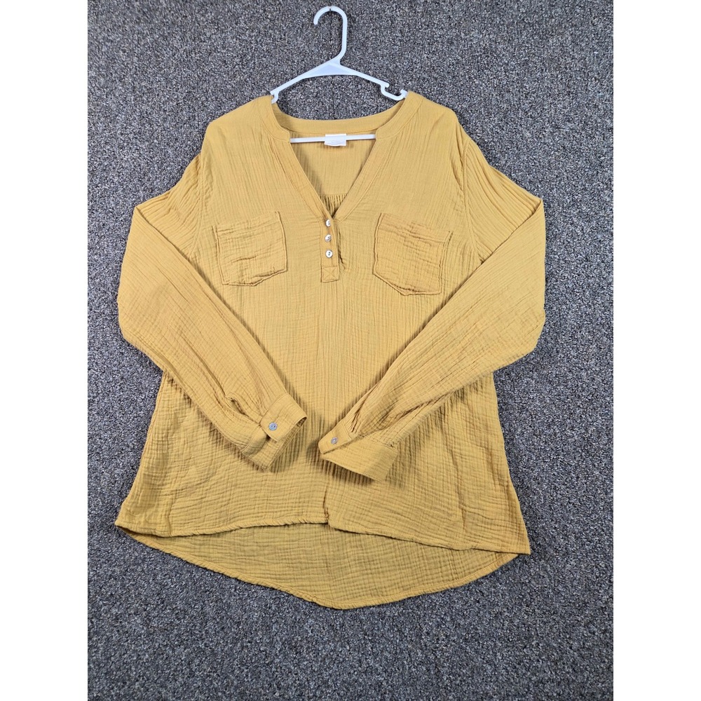 Mote Long Sleeve‎ Top Women XXL Yellow Double Gauze Cotton Button V-Neck Blouse